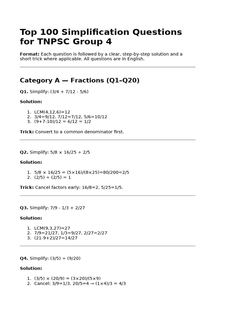 Top 100 Simplification Questions for TNPSC | PDF | Arithmetic | Algebra