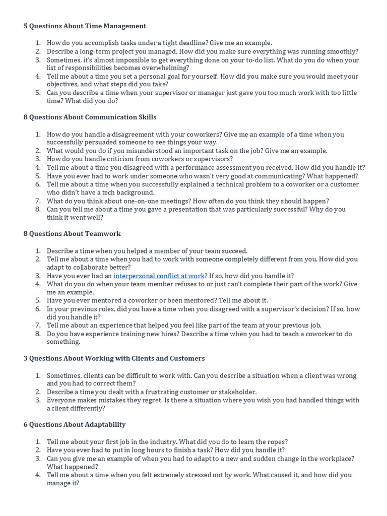 Essential Behavioral Interview Questions | PDF | Time Management ...