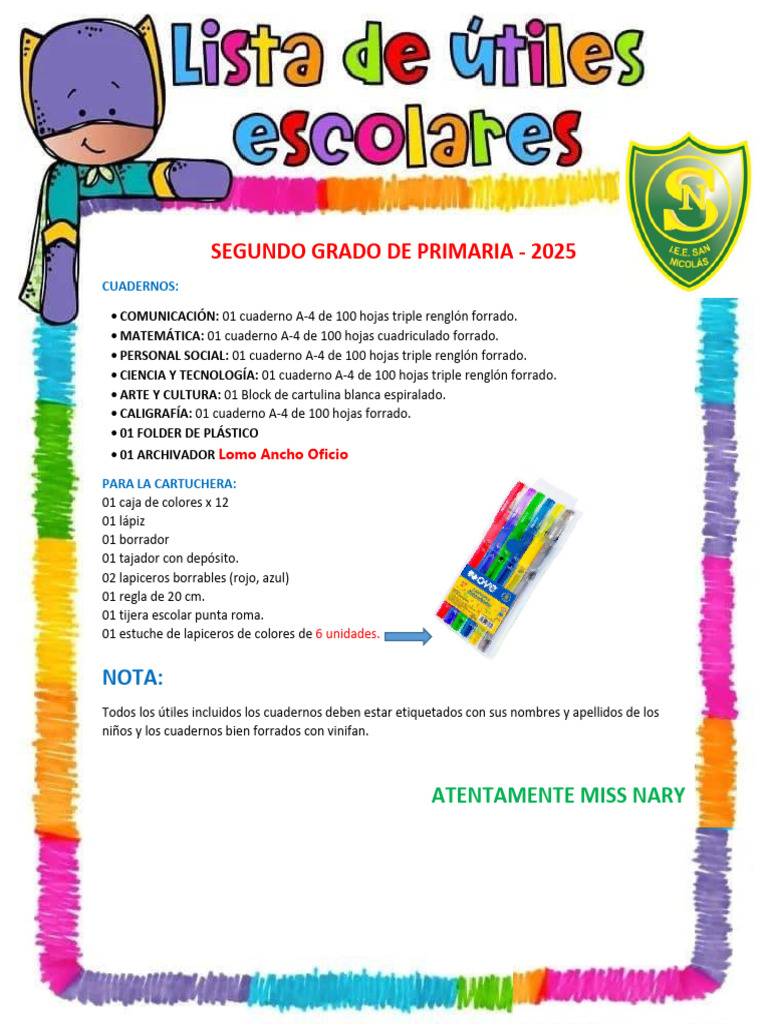 Lista de útiles para segundo grado 2025 | PDF