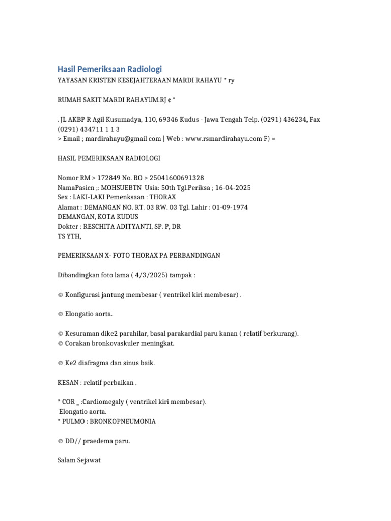 Hasil Rontgen Thorax Pasien 50 Tahun | PDF
