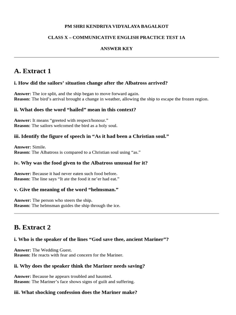 Class X English Practice Test Answers | PDF