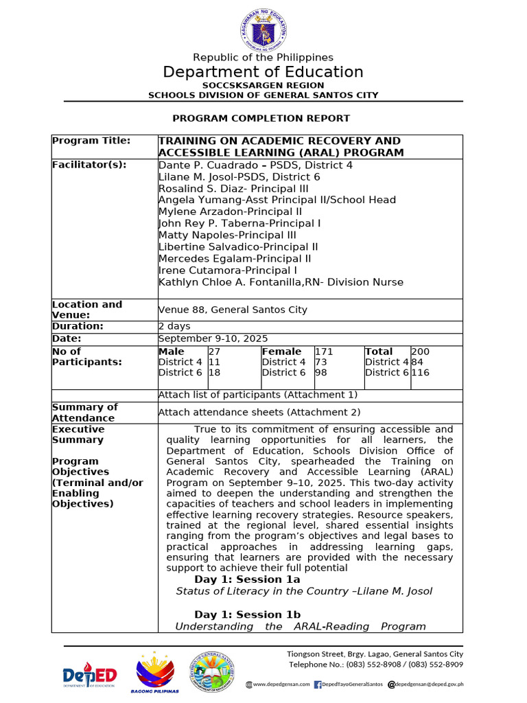 ARAL Program Completion Report 2025 | PDF | Pedagogy | Cognition