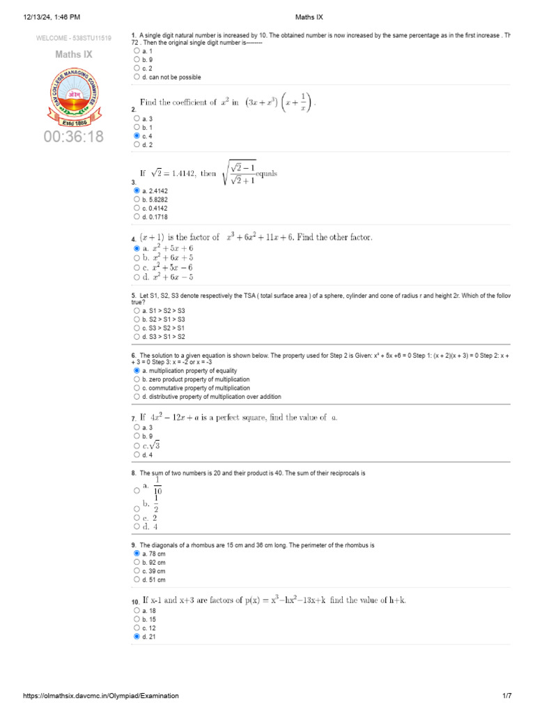 Maths IX Olympiad Exam Questions | PDF