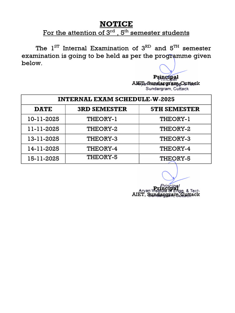 2025 Internal Exam Schedule for Semesters | PDF