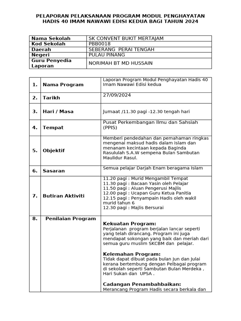 Laporan Program Hadis 40 SKCBM 2024 | PDF