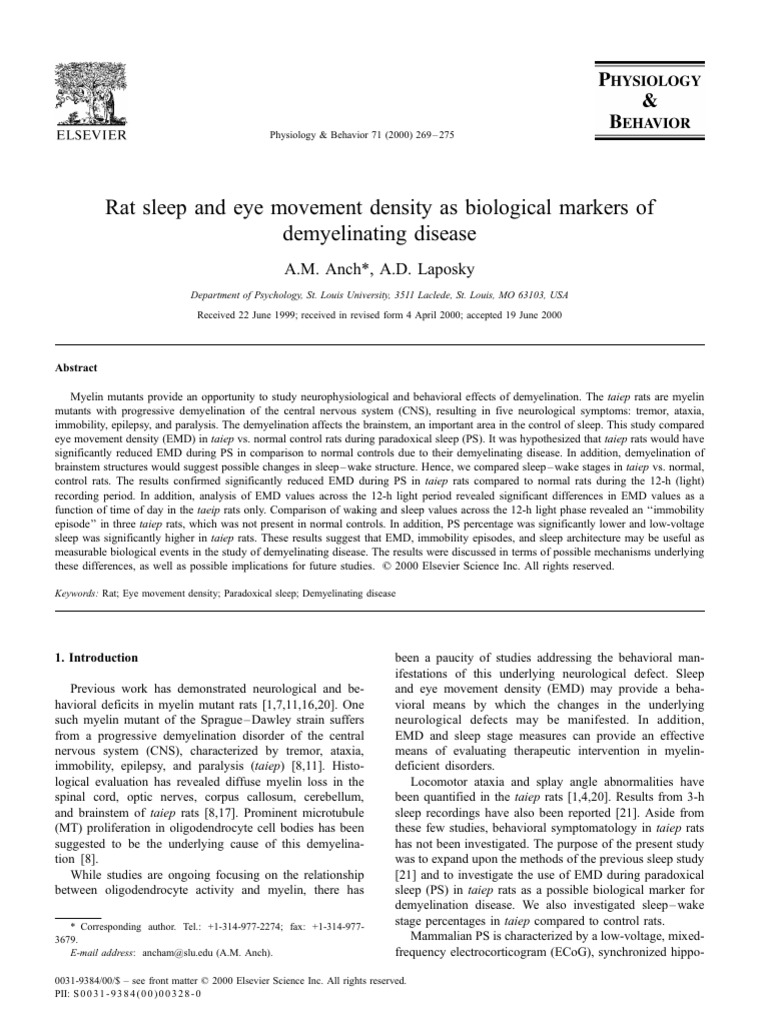 Rat Sleep and Eye Movement Density As Biological Markers of ...