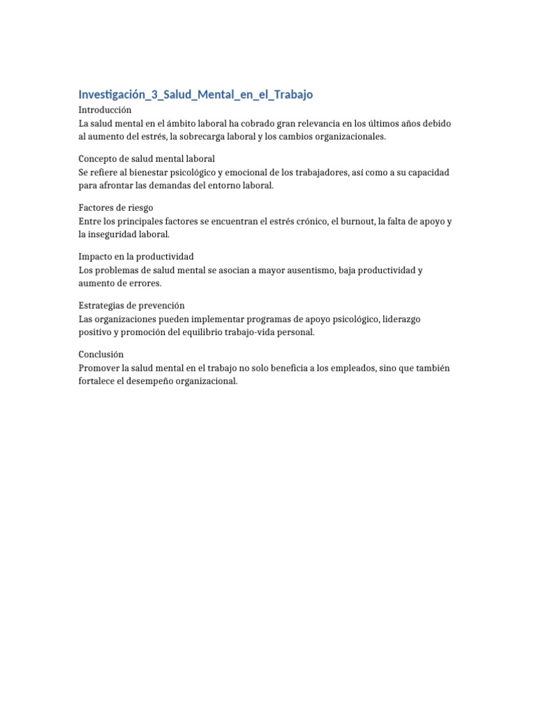 Investigación 3 Salud Mental en El Trabajo | PDF