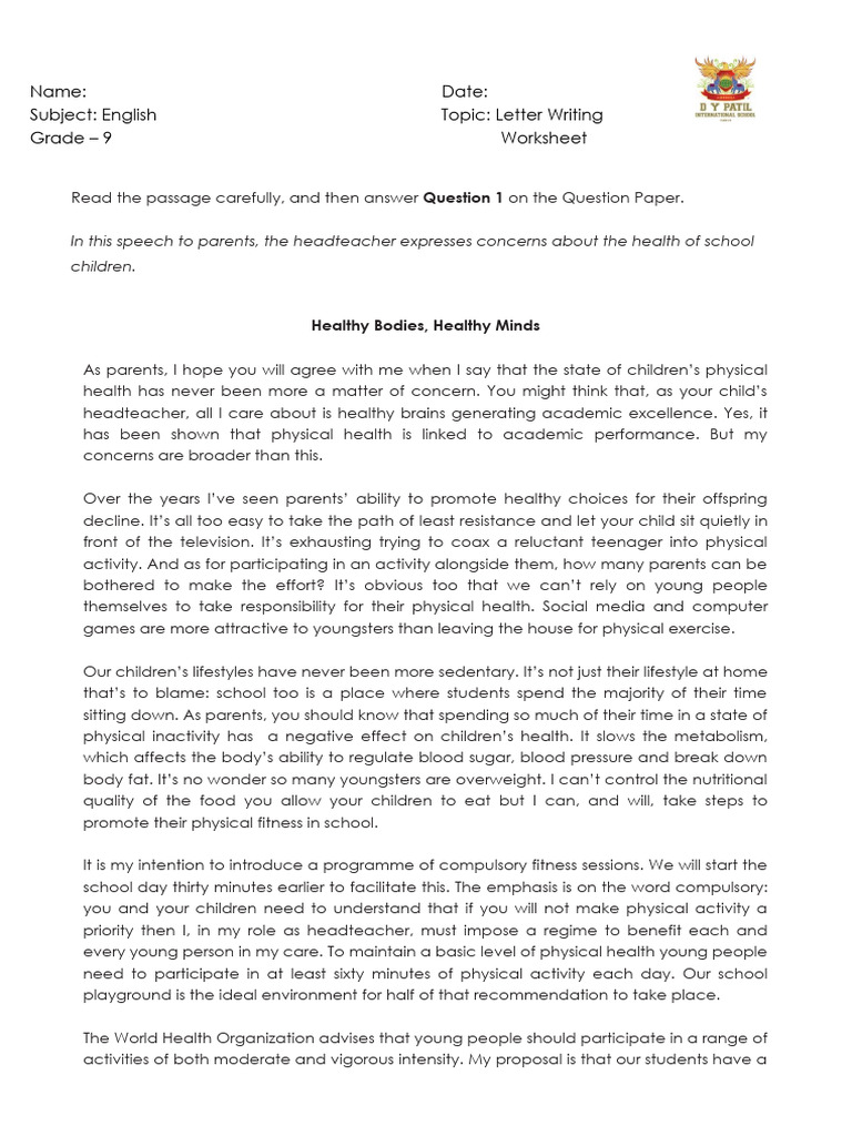 Letter Writing Worksheet for Grade 9 | PDF | Physical Fitness ...