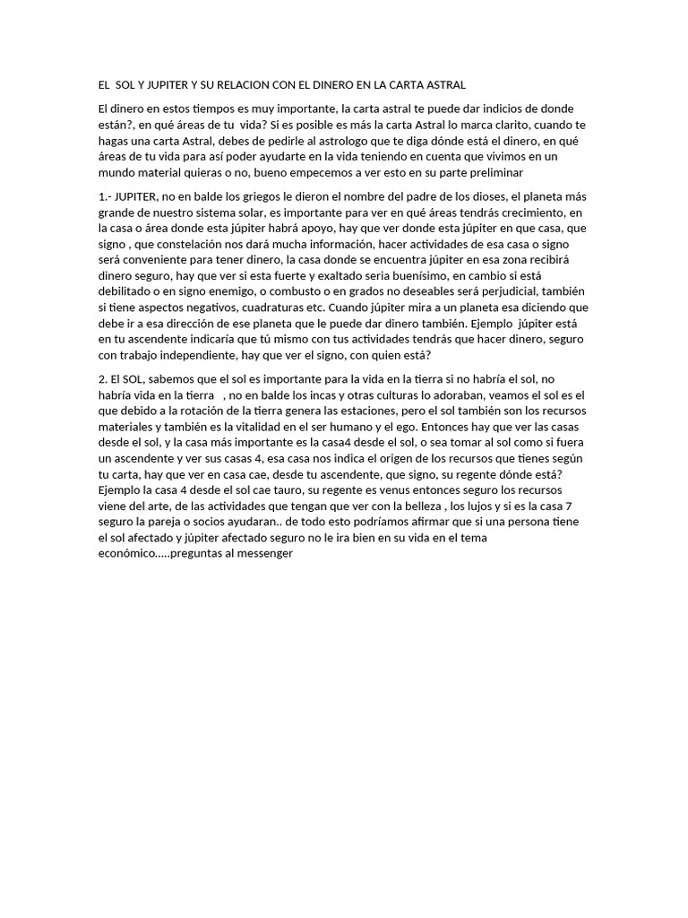 El Sol y Jupiter y Su Relacion Con El Dinero en La Carta Astral | PDF ...