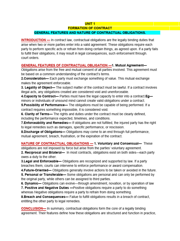 Law of Contract Notes | PDF | Consideration | Offer And Acceptance