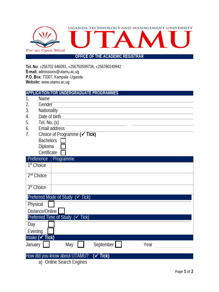 UTAMU Undergraduate Application Form | PDF