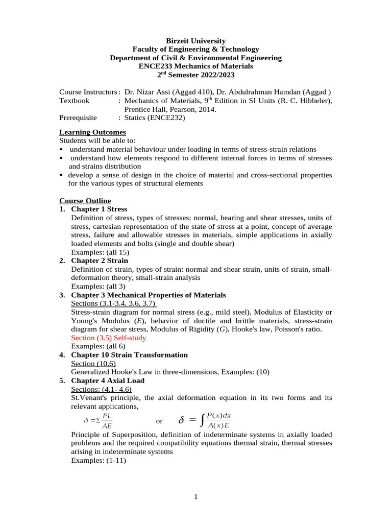 Course+Outline+ +Mechanics+of+Materials | PDF | Deformation ...