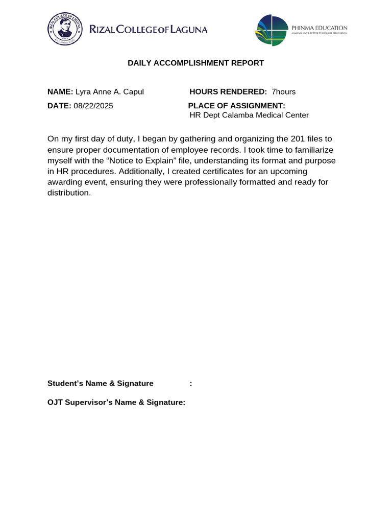 HR Daily Accomplishment Report | PDF | Supervisor | Business