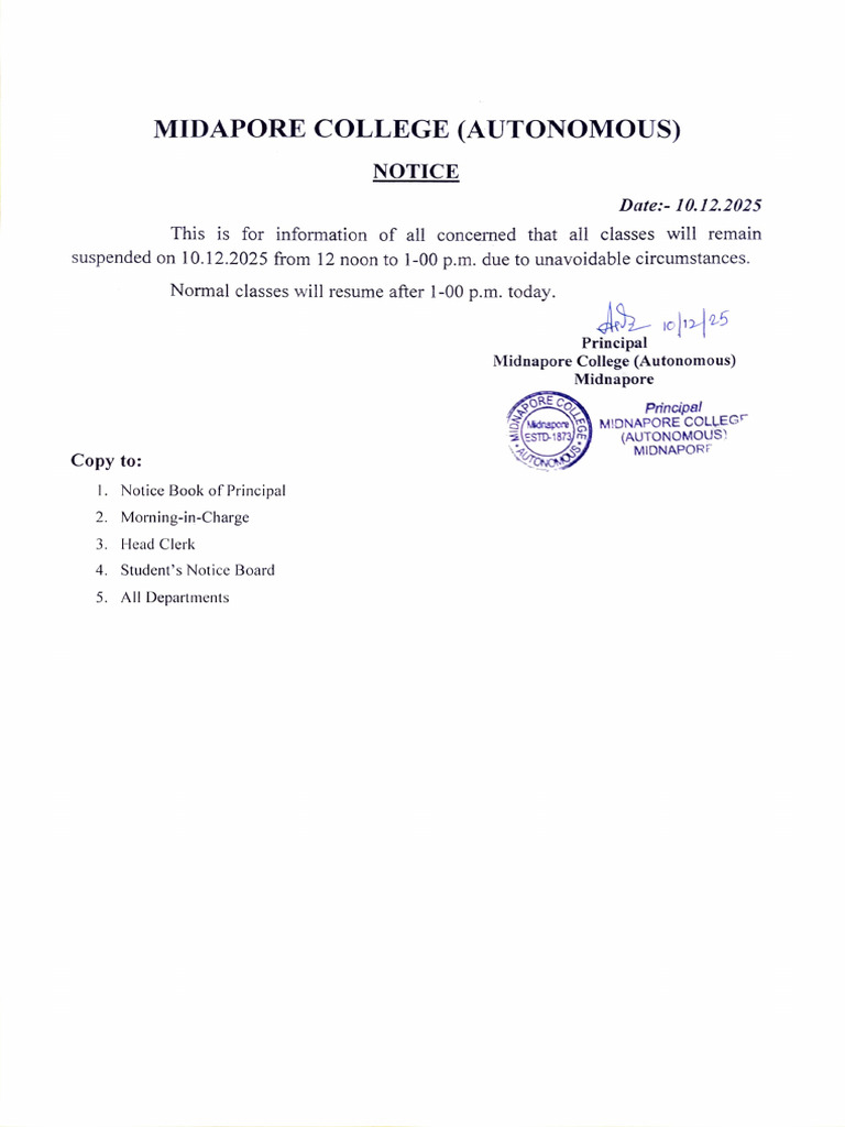 Midnapore College Class Suspension Notice | PDF