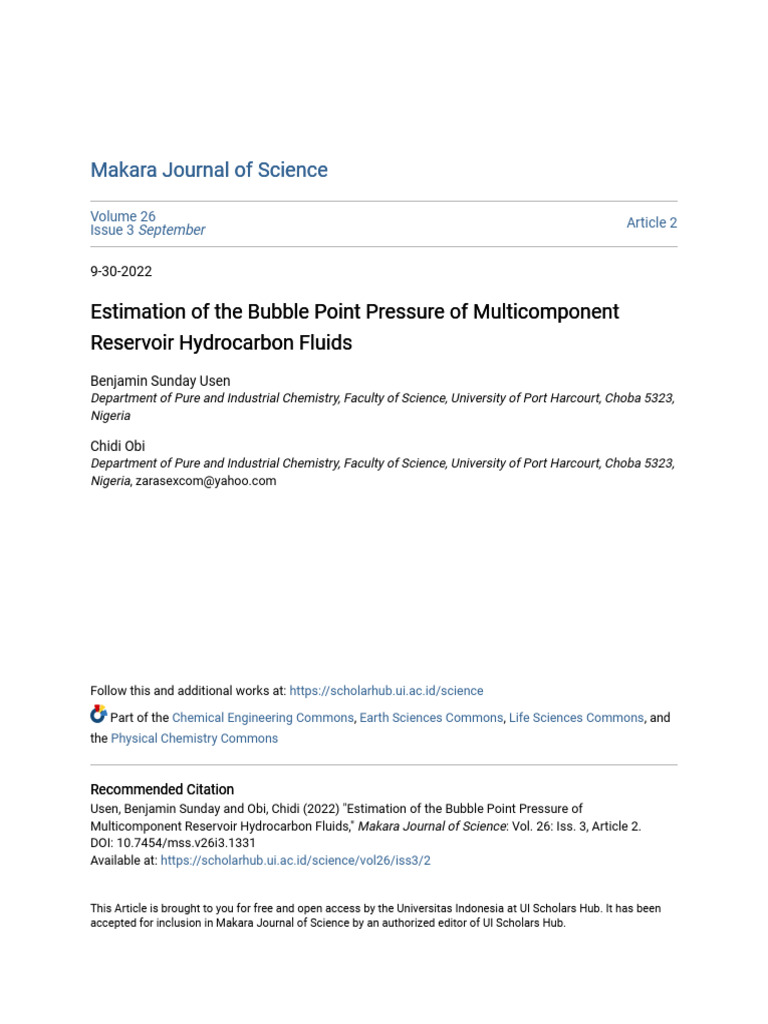 Bubble Point Pressure Estimation in Hydrocarbons | PDF | Physics ...