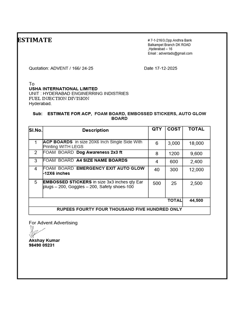 Estimate for Acp, Foam Board, Embossed Stickers, Auto Glow Board | PDF