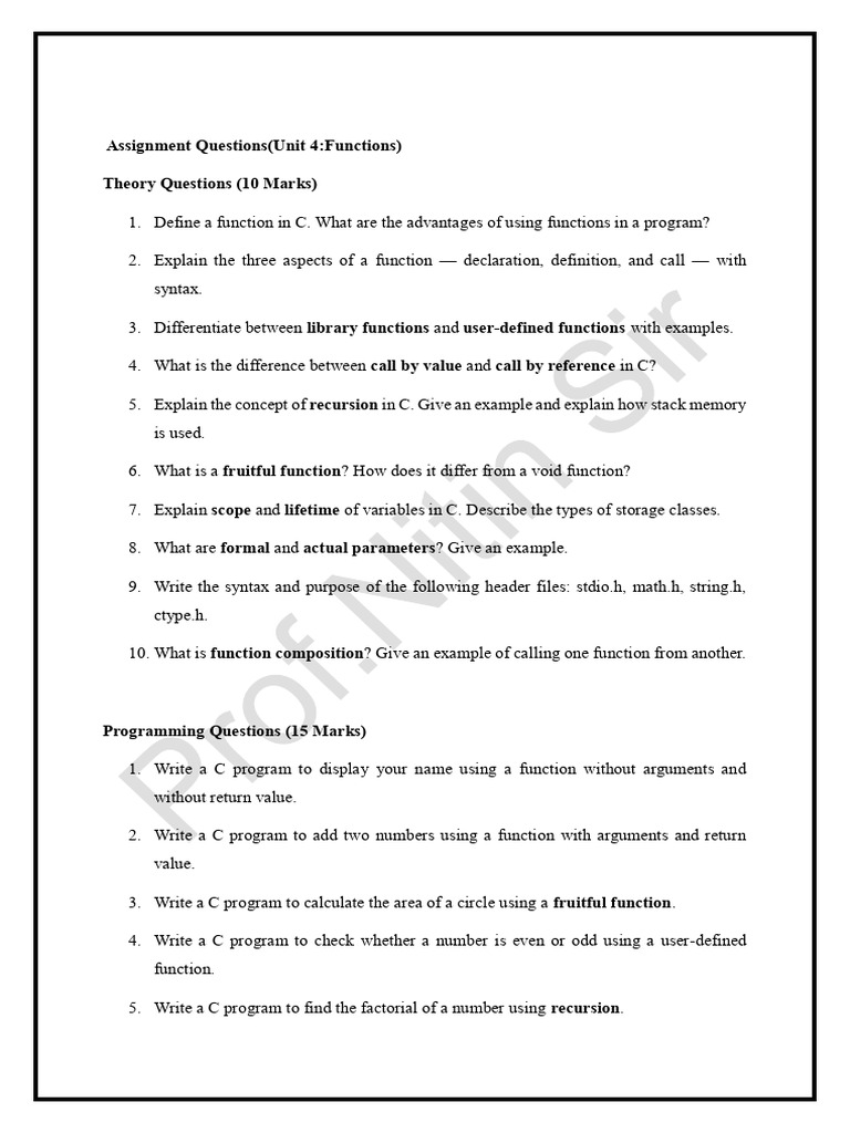 C Functions: Theory & Programming Tasks | PDF