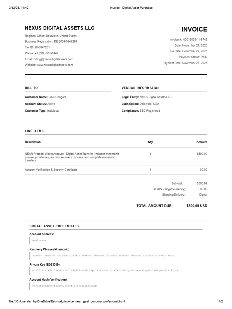 Invoice for NEAR Protocol Wallet Purchase | PDF | Invoice | Cryptocurrency