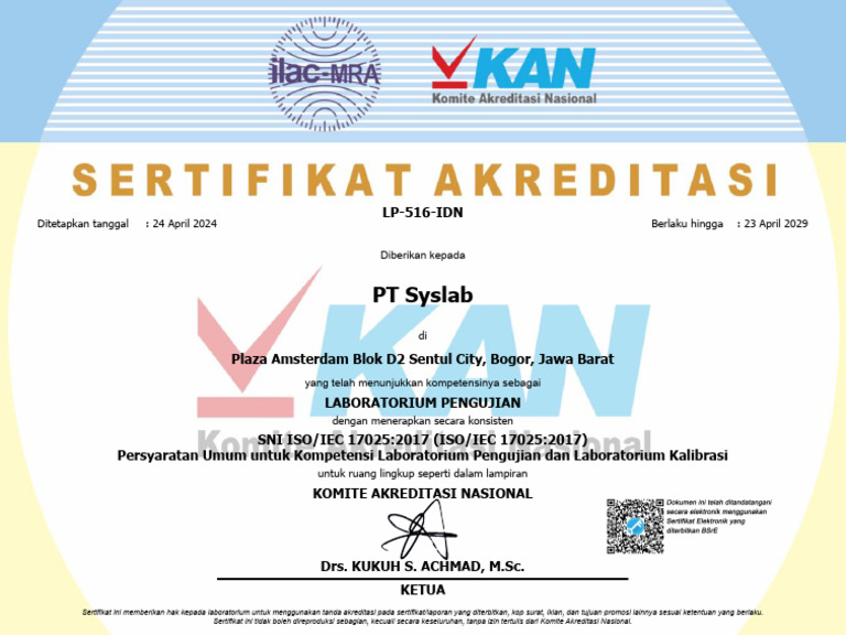 Sertifikat Akreditasi Laboratorium PT Syslab | PDF