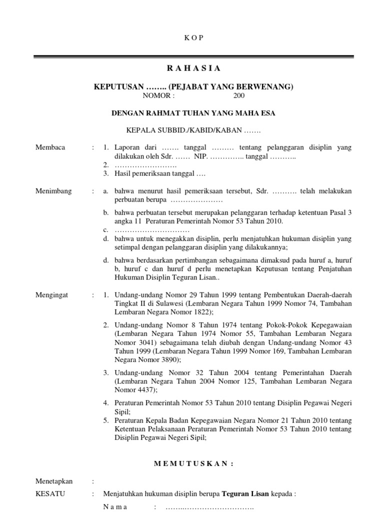Contoh Surat Teguran Lisan Pp 53 Tahun 2010 Surat teguran ini ditujukan kepada.