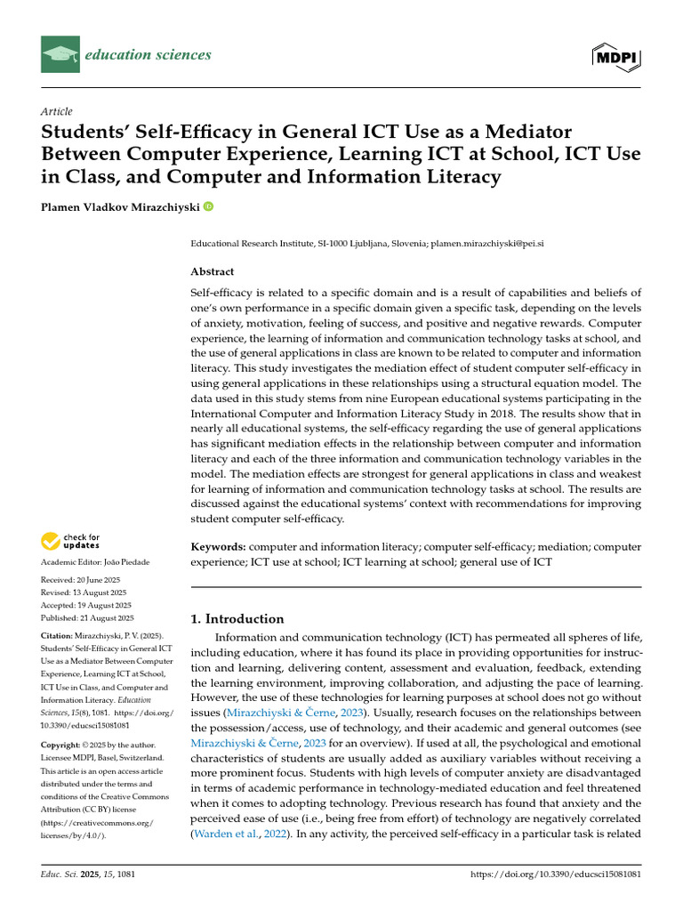 Mirazchiyski - 2025 - Students' Self-Efficacy in General ICT Use As A ...