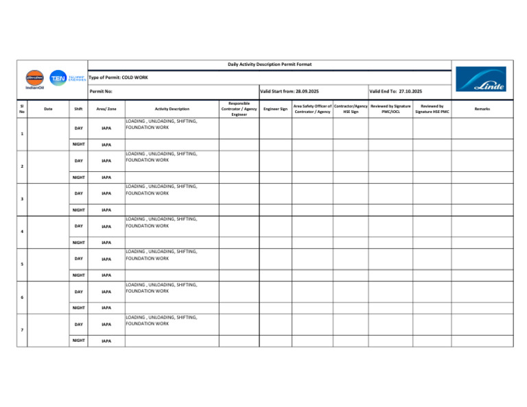 Cold Work Celrance Permit | PDF