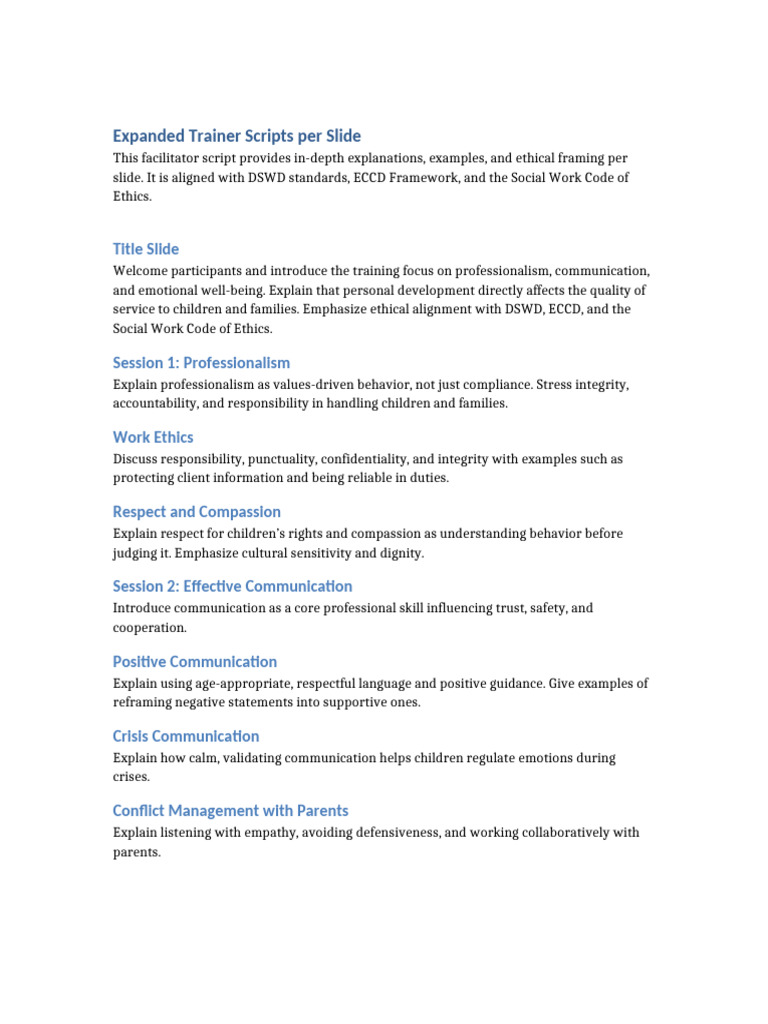 Trainer Scripts for Ethical Childcare Training | PDF