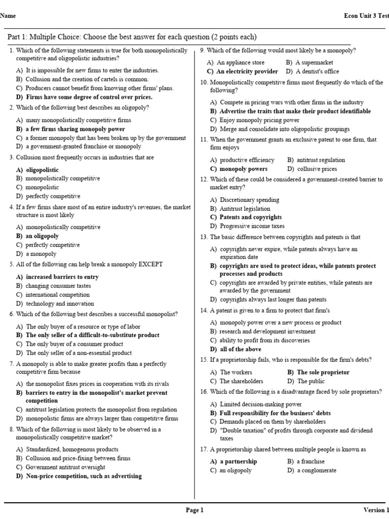 Econ Unit 3 Test: Market Structures | PDF | Monopoly | Oligopoly