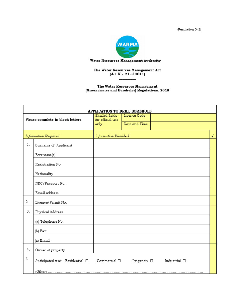 Borehole Drilling Application Form | PDF