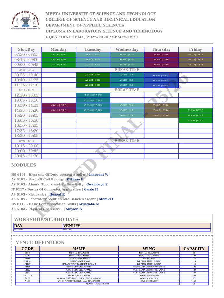 Mbeya University Lab Science Timetable | PDF | Academic Term | Libraries