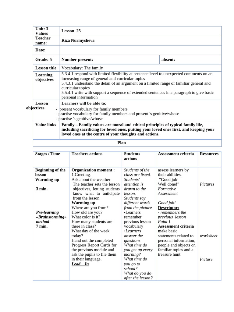 Lesson Plan 5th Grade Term 2 | PDF | Educational Assessment | Learning