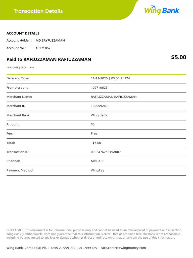 Wing Bank Transaction Receipt Details | PDF