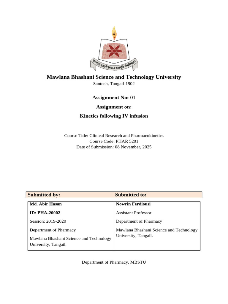 Kinetics of IV Infusion Assignment | PDF
