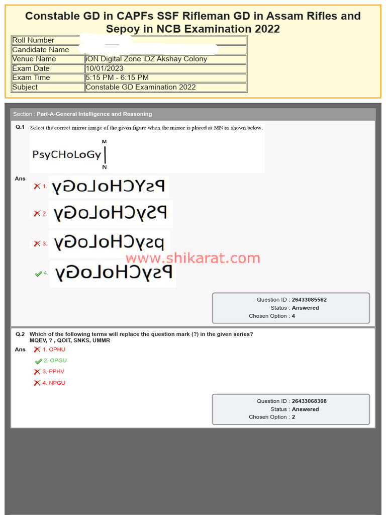 CAPFs Constable GD Exam Questions | PDF | Question