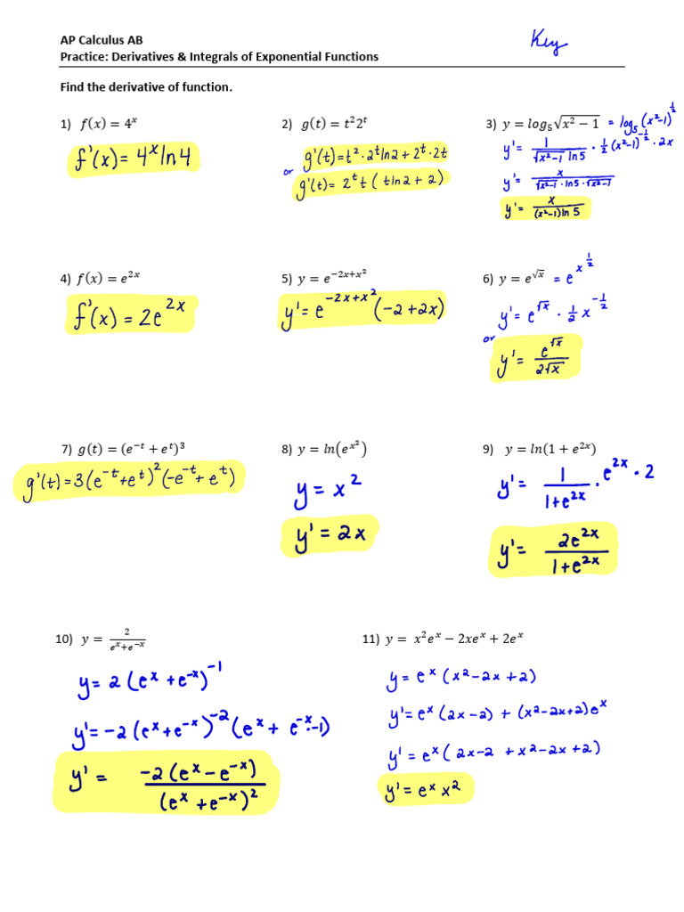 6.2 Practice KEY Derivatives and Integrals of Exponential Functions ...