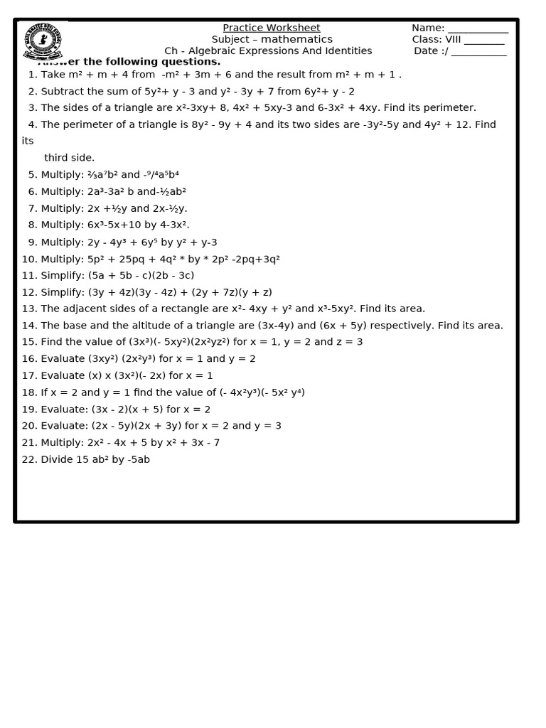 Algebraic Expressions Practice Worksheet | PDF