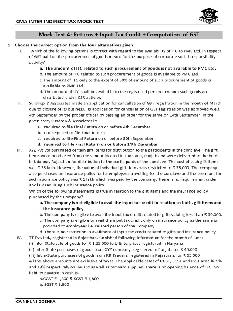 CMA Indirect Tax Mock Test on GST | PDF | Value Added Tax | Taxes