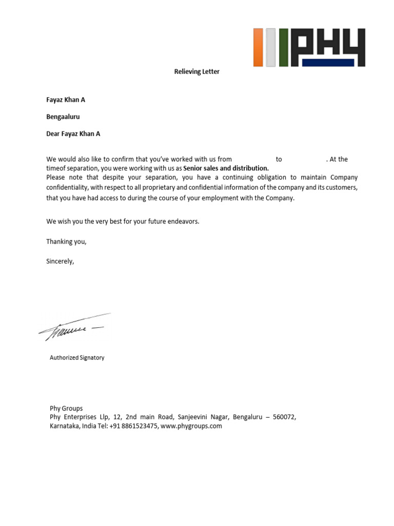 Relieving Letter Fayaz Khan A | PDF