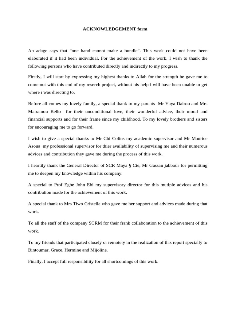 Acknowledgement Form for Research Project | PDF