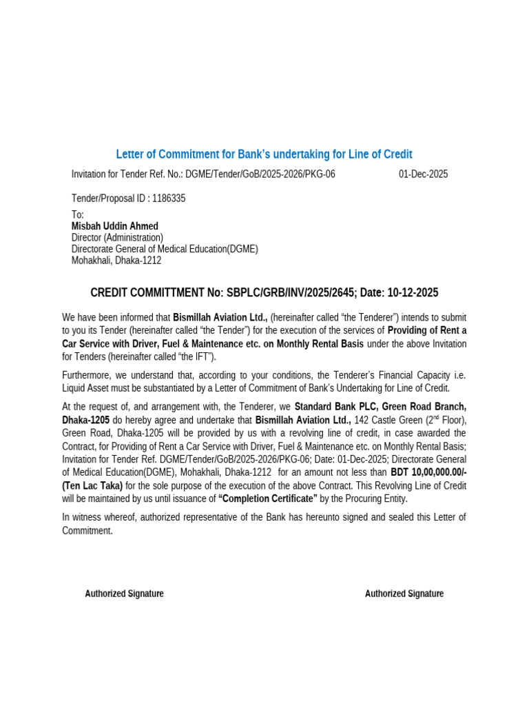 Bank Commitment Letter for Line of Credit | PDF