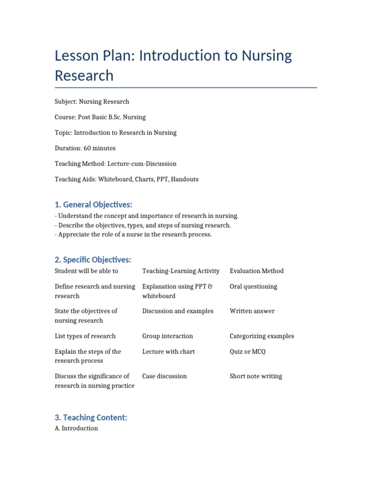 Introduction to Nursing Research Lesson Plan | PDF