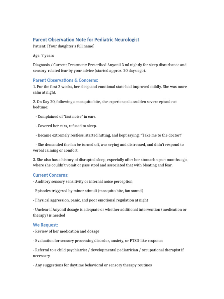 Pediatric Neurology Parent Observations | PDF