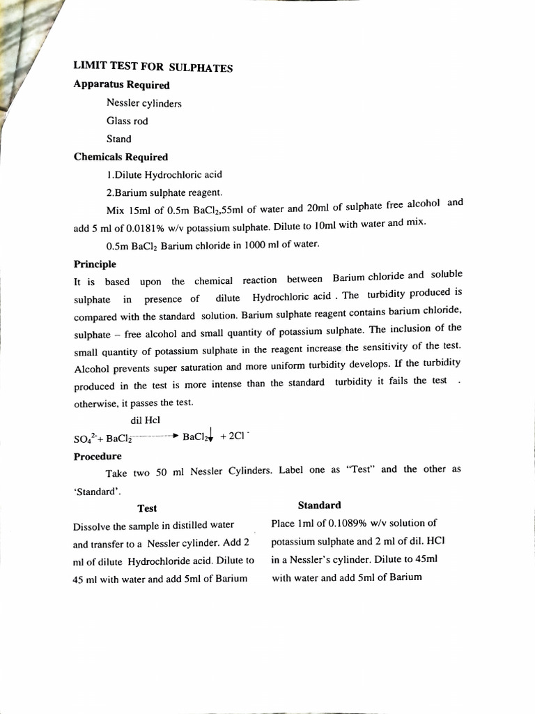 Sulphate Limit Test Procedure | PDF