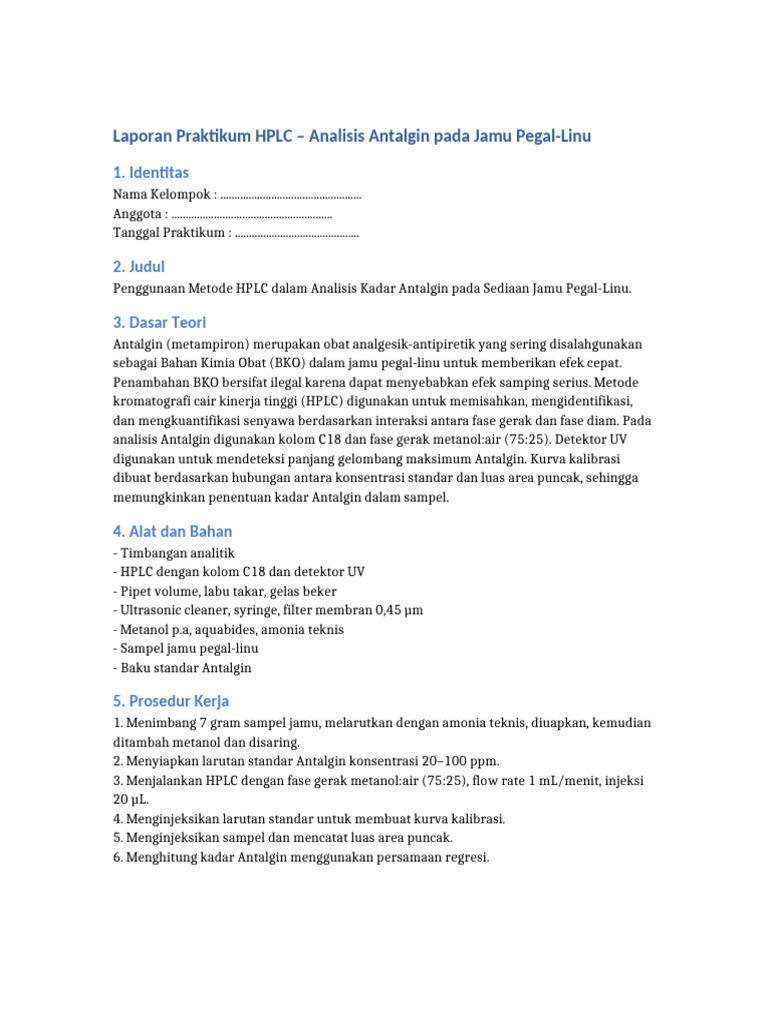 Analisis HPLC Antalgin pada Jamu Pegal-Linu | PDF