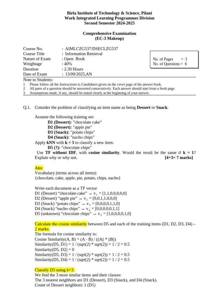 BITS Pilani Information Retrieval Exam 2025 | PDF | Cluster Analysis ...
