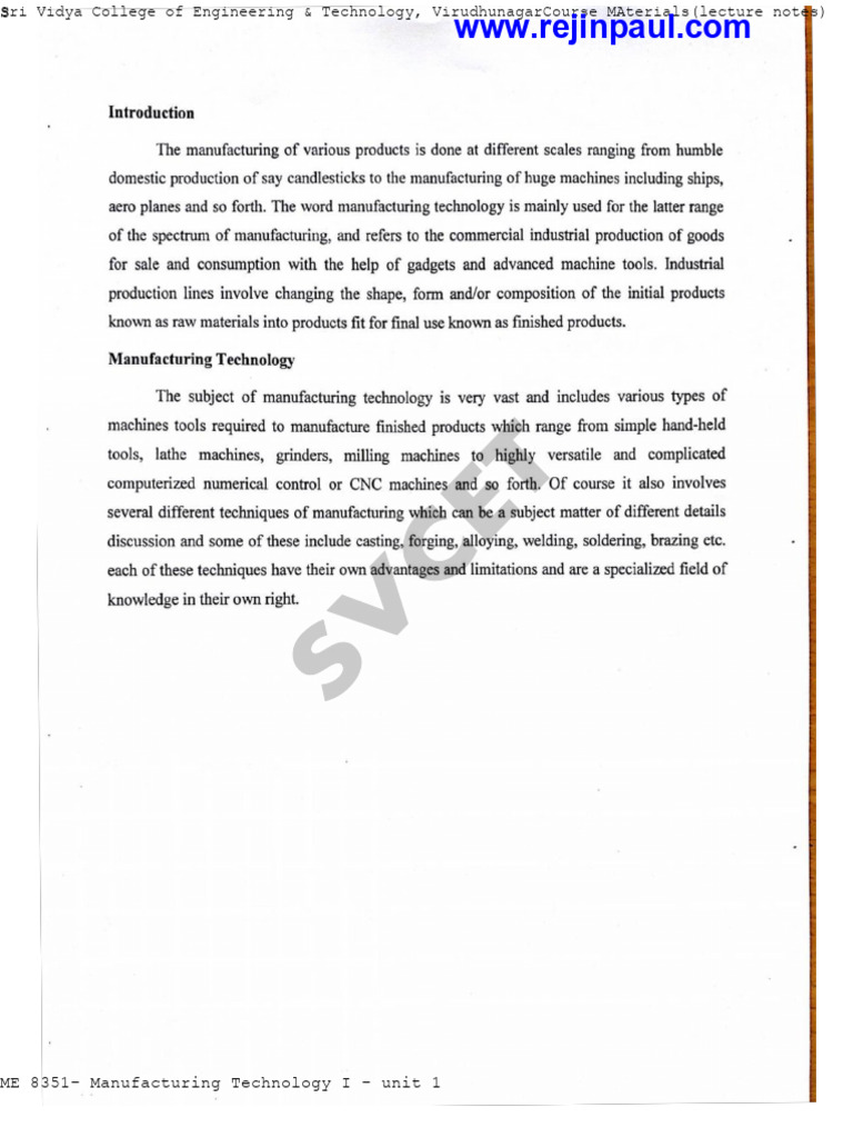 Manufacturing Technology I Lecture Notes | PDF | Teaching | Education ...