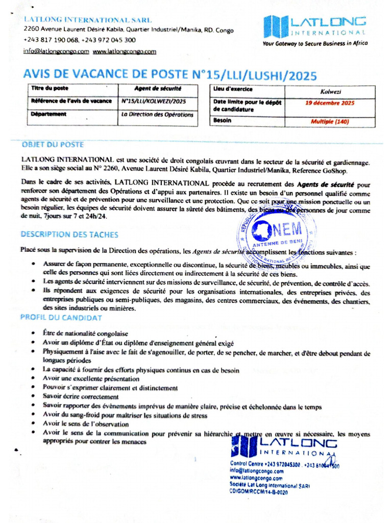 Avis de Vacance ''Agent de Securité'' | PDF