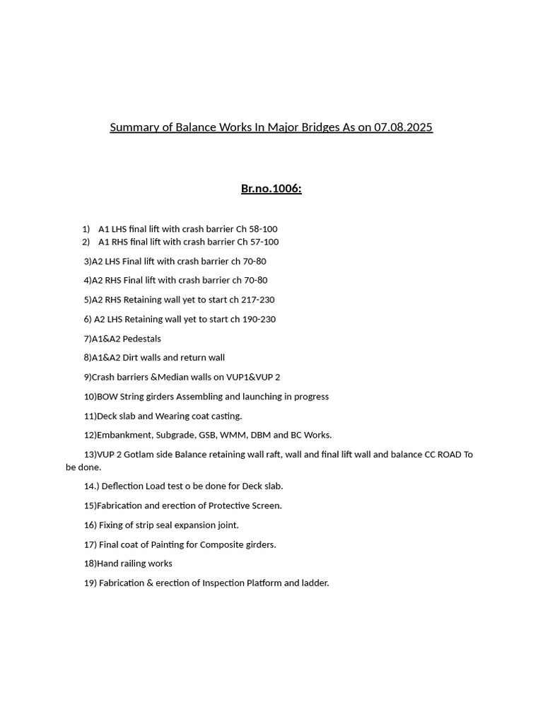 Major Bridge Balance Works Summary 2025 | PDF | Bridge | Building ...