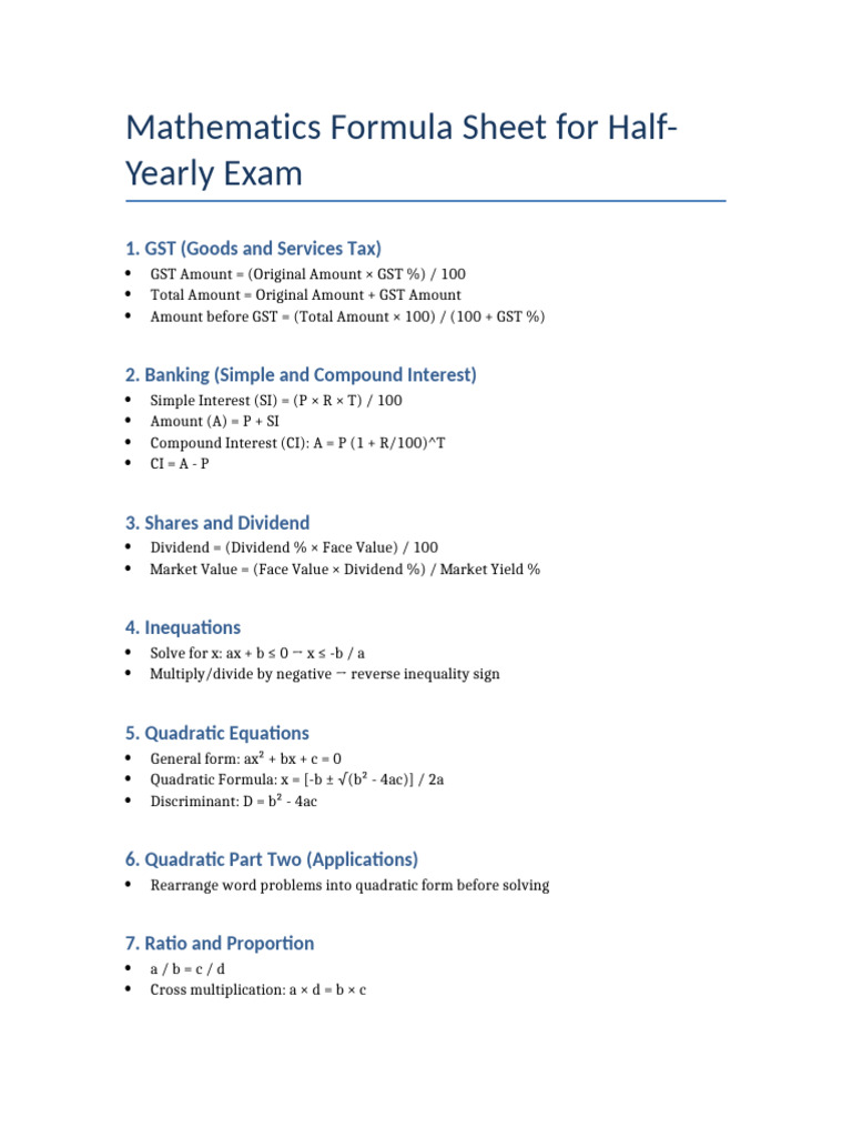 Half-Yearly Math Formula Sheet | PDF