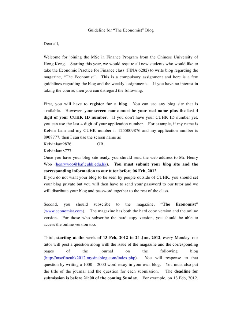 CUHK MSc Finance Blog Guidelines | PDF | Blog | The Economist